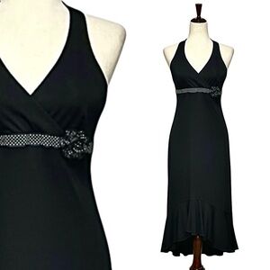 Vtg 90s City Triangles Black Halter Midi Dress Polka Dot Waist Flounce Hem L